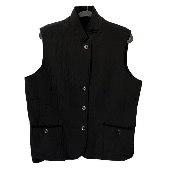 Talbots Black Quilted Old Money Preppy Equestrian Neutral Button Down Vest Large - Picture 1 of 7